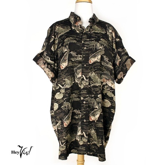 Vintage Mens RedHead Hawaiian Shirt Black Cotton Fishing Theme Size XL - Hey Viv - Picture 1 of 7
